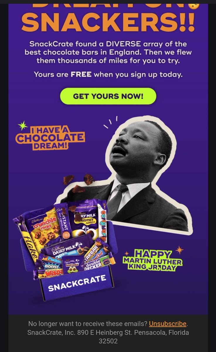 InsertNmeHre's tweet photo. @SnackCrate_Help Can you help me understand how in thee hell this was approved in the marketing dept? "Lawd he had a dream"???? #Lookatthisshit https://t.co/x4UvUYEfEh