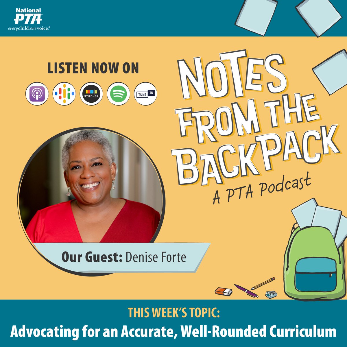 SCCPTA1's tweet image. #BackpackNotes returns from holiday hiatus with a new episode on curriculum reform featuring Denise Forte from @EdTrust! From book bans to removing AP course offerings, tune into explore the tensions facing education today. Listen at PTA.org/PodcastEp77