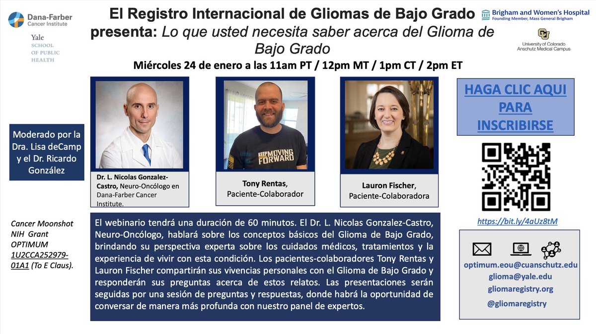 Mathew Krick Gómez (@mathewkrick) on Twitter photo ¿Ha recibido un diagnóstico de glioma de bajo grado (GBG)?
El próximo miércoles, 1/24/2024, el Dr. Nicolas Gonzalez-Castro de <a href="/DanaFarber/">Dana-Farber</a> y dos pacientes-colaboradores con <a href="/gliomaregistry/">Low Grade Glioma Registry</a> presentarán información acerca de #GBG.
ENLACE: bit.ly/4aUz8tM <a href="/gliomaregistry/">Low Grade Glioma Registry</a> ¿Ha recibido un diagnóstico de glioma de bajo grado (GBG)?
El próximo miércoles, 1/24/2024, el Dr. Nicolas Gonzalez-Castro de <a href="/DanaFarber/">Dana-Farber</a> y dos pacientes-colaboradores con <a href="/gliomaregistry/">Low Grade Glioma Registry</a> presentarán información acerca de #GBG.
ENLACE: bit.ly/4aUz8tM <a href="/gliomaregistry/">Low Grade Glioma Registry</a>