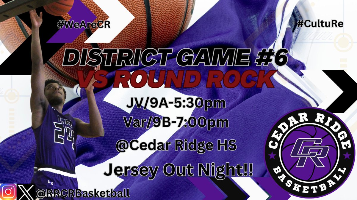 🏀District Game 6🏀 🆚Round Rock 📍@CedarRidgeHigh ⏰JV/9A 5:30 Var/9B 7:00 🎟️athletics.roundrockisd.org/tickets/ Come out and jersey out with your #Raiders tonight as we take on Round Rock! #WeAreCR #CultuRe @Qblack15 @RoundRockISD @hoopinsider @swishtapesmedia @var_austin