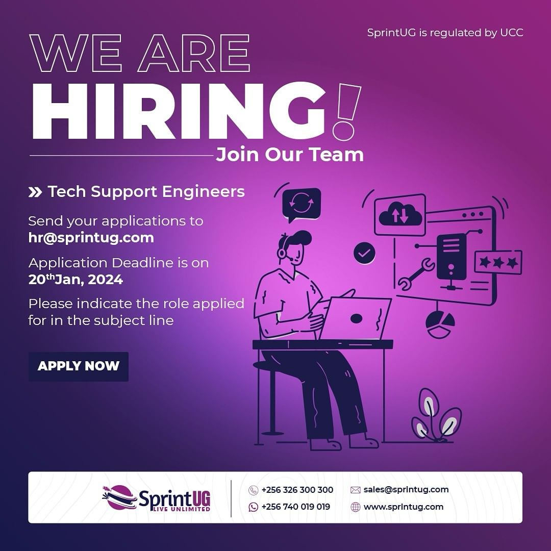 EvancoHR's tweet photo. @SprintUg is hiring. 
#clientrelationshipofficer
#projectmamager
#Billingandcollections
#techsupportengineer

#hiring #Jobs #Uganda https://t.co/IgmeKSfqh8