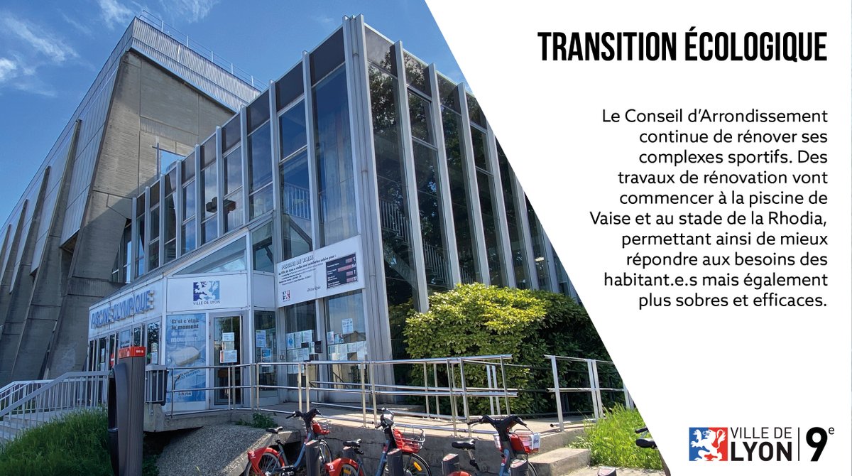 Mairie9Lyon's tweet photo. Le #CALyon9 continue de rénover ses complexes sportifs. Des travaux de rénovation vont commencer à la piscine de Vaise et au stade de la Rhodia, permettant ainsi de mieux répondre aux besoins des habitant.e.s mais également plus sobres et efficaces #lyonentransition https://t.co/c6SUPx0bDn
