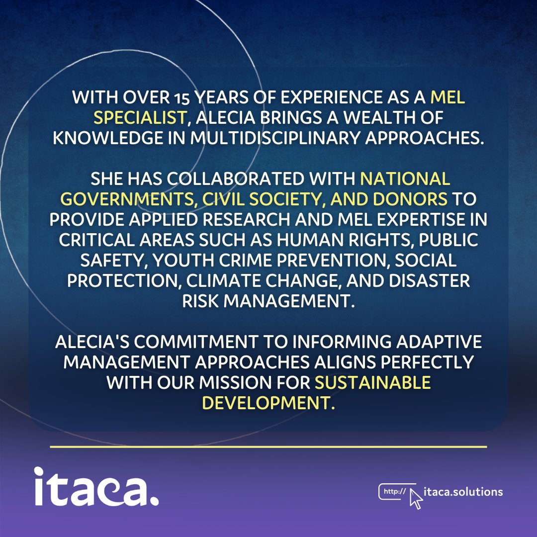ItacaSolutions's tweet photo. πIntroducing Alecia Bennett-Bryan!
With over 15 years of experience as a MEL Specialist, Alecia brings a wealth of knowledge in multidisciplinary approaches.
@LauraCanevari @AleciaBennettB1
#ExpertCommunity #JoinUs #ITACACONNECT #sustainabledevelopment #climatechange https://t.co/HOqPbbCSMG