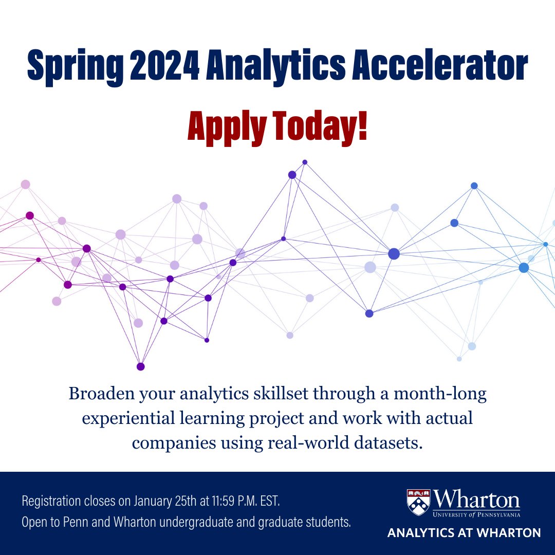 WhartonAIAI's tweet photo. Applications for the Spring 2024 #AnalyticsAccelerator are officially live.
Calling all @Penn students eager to enhance their data skills and make a real impact for @dartmedia, @Petco, @HearstMagazines, & @FoxNewsEnt.
Hear from last semester's teams: https://t.co/pwMAGzLDfH https://t.co/WKonewIJaW