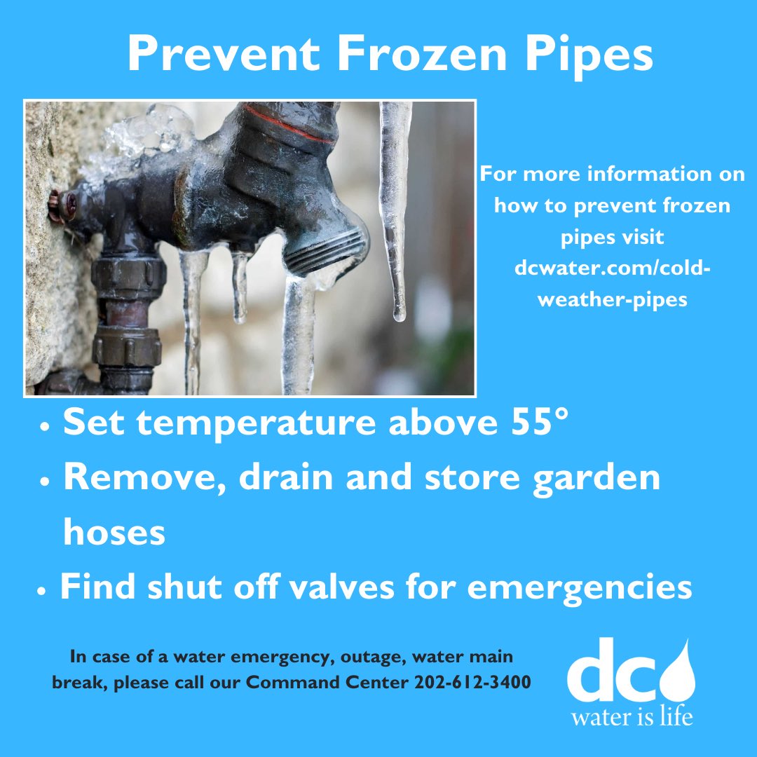 Temperatures are set to drop further below freezing this evening. In extreme cold, your pipes can be more likely to burst! Prevent frozen pipes by insulating exposed areas, letting faucets drip, and keeping your home heated above 55°. Learn more at dcwater.com/cold-weather-p…