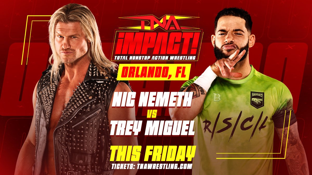 ORLANDO! <a href="/NicTNemeth/">Nic Nemeth</a> faces <a href="/TheTreyMiguel/">Trey Miguel</a> THIS FRIDAY as #TNAiMPACT comes to the Osceola Heritage Park!       

Get tickets HERE: ticketmaster.com/tna-wrestling-…