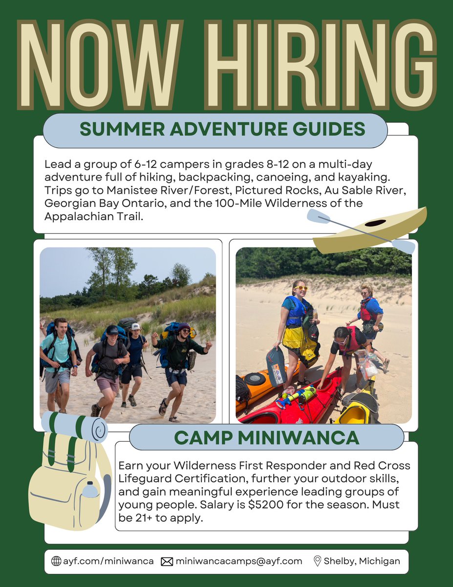 MSU Office for Experiential Learning (@msu_oel) on Twitter photo Apply to be a camp counselor or adventure guide at Camp Miniwanca for Summer 2024!
For more information, visit their website at ayf.com/miniwanca or email them at miniwancacamps@ayf.com. Their job postings are also published on Handshake, so be sure to check that out! Apply to be a camp counselor or adventure guide at Camp Miniwanca for Summer 2024!
For more information, visit their website at ayf.com/miniwanca or email them at miniwancacamps@ayf.com. Their job postings are also published on Handshake, so be sure to check that out!