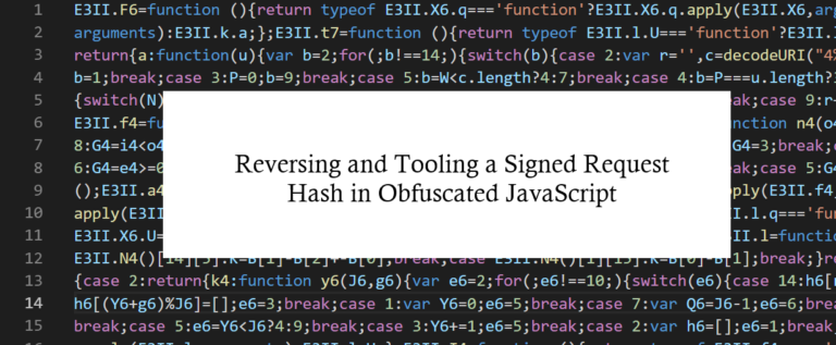 Brett Buerhaus (@bbuerhaus) on Twitter photo Reversing and Tooling a Signed Request Hash in Obfuscated JavaScript
buer.haus/2024/01/16/rev…
Thanks to <a href="/hackinghub_io/">HackingHub</a> for putting together a lab to learn more about it: app.hackinghub.io/surl Reversing and Tooling a Signed Request Hash in Obfuscated JavaScript
buer.haus/2024/01/16/rev…
Thanks to <a href="/hackinghub_io/">HackingHub</a> for putting together a lab to learn more about it: app.hackinghub.io/surl