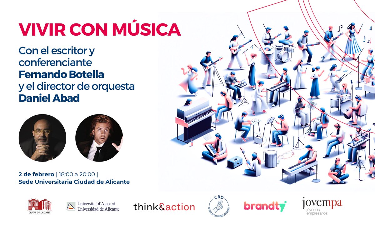 CBDecisiones's tweet photo. VIVIR CON MÚSICA, basada en la obra homónima del escritor y conferenciante Fernando Botella y el director de orquesta Daniel Abad Casanova, es una originalísima reflexión de dos personas que aman la música y la sienten.

Inscripciones: https://t.co/m75Wy6G4zt

#CBDecisiones https://t.co/JxIjbJGQxg