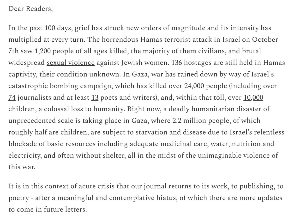 The amazing <a href="/elleavivnewton/">Elle Newton</a> writes to about the latest issue of Poets Reading the News. "My hope for this poetry is that it will widen the bridges of compassion in those who read it, especially toward whosoever is beyond your heart's present reach." poetsreadingthenews.substack.com/p/poetry-for-1…