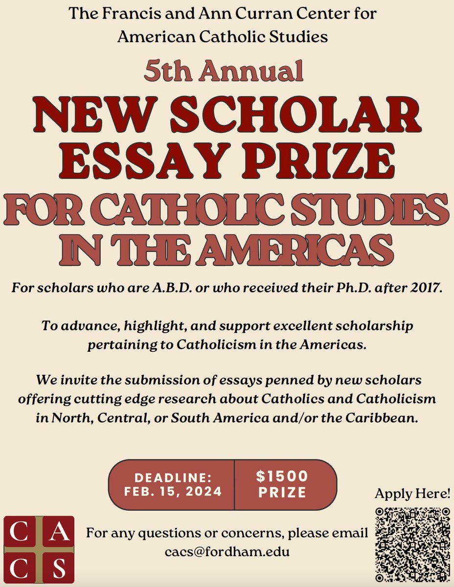 New Scholar Essay Prize, Catholic Studies in the Americas-- Due Feb 15!!! $1500 prize. ABD or PhD 2017 or later. @curran_center @zegmed @BrianClites @CyberspaceClio @tuannyriver fordham.edu/academics/cent…