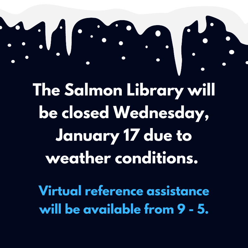 UAHLibrary's tweet photo. The Salmon Library will be closed January 17 due to weather. Virtual reference assistance will be available from 9 - 5 at https://t.co/7Vfz7yIT3k. Stay safe and warm! https://t.co/RoMOJiZeNT