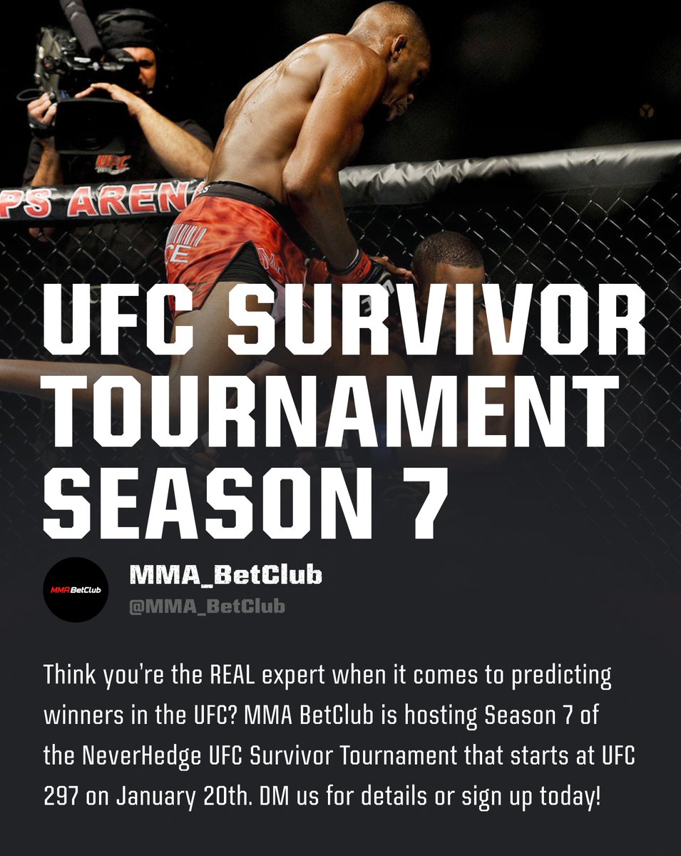 MMA_Betclub's tweet photo. Season 7 of the NeverHedge UFC Survivor Tournament tracked on MMA BetClub starts this weekend at UFC 297!

Go to https://t.co/piwakH4R4c to sign up or DM us with questions!

#ufc #ufc297 #ufcfightnight #mma #ufcpredictions #mmabetclub #fantasymma https://t.co/LOJ9XEuN8U