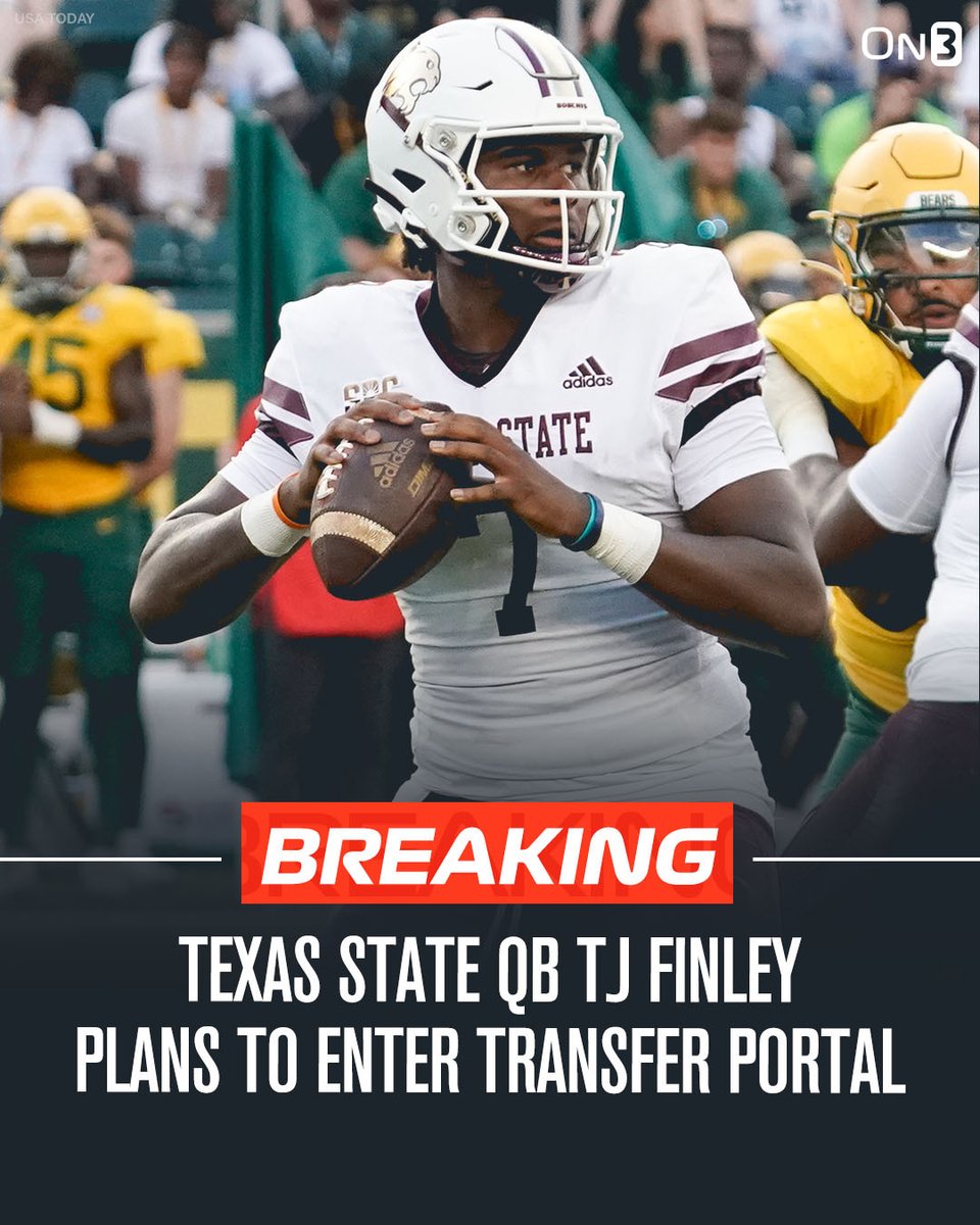 On3's tweet photo. BREAKING: Texas State QB TJ Finley plans to enter the NCAA Transfer Portal, @petenakos reports. 

The former LSU, Auburn signal-caller threw for 3,439 yards and 24 TDs this season👀 

https://t.co/Ty5K4hKcep