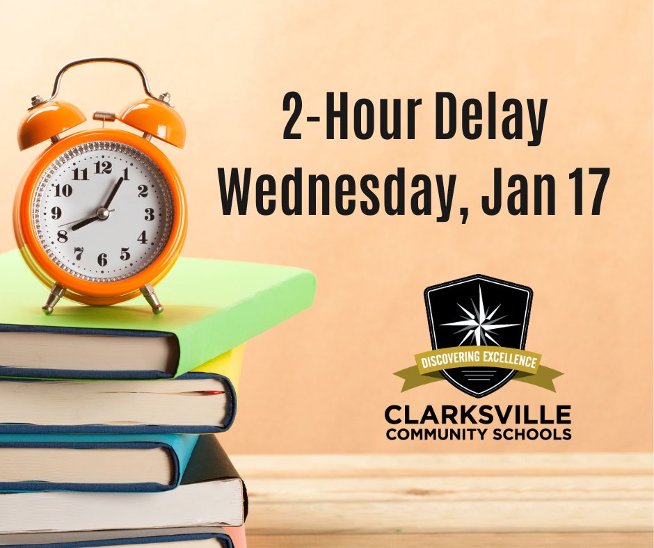 Due to freezing temperatures and the potenial refreezing of roads, Clarksville Community Schools will be operating on a 2-hour delay tomorrow, January 17th.  Please stay warm and stay safe.
🖤🤍💛
#2hourdelay