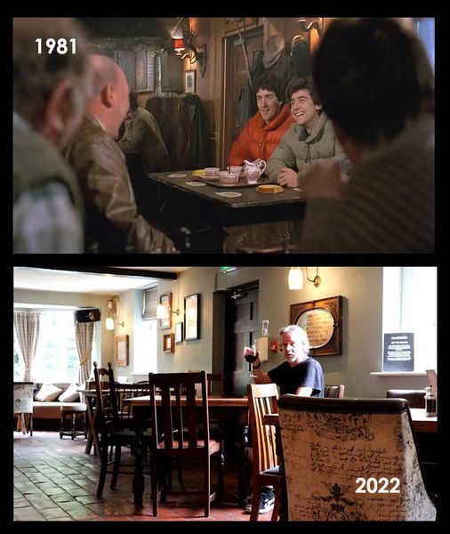 AN AMERICAN WEREWOLF IN LONDON (1981).
1981. 'The Slaughtered Lamb' Interior which in reality is The Black Swan Pub, Ockham Surrey UK.
2022. Me waiting for Lunch. Accompanying Video from the 07.05 Mark: youtube.com/watch?v=8eRlRV…