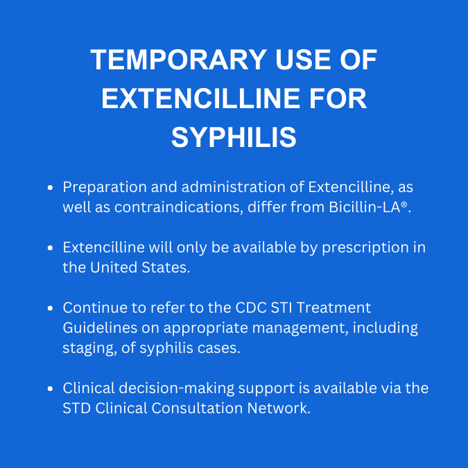 Kudos to <a href="/FDA/">FDA</a>! To overcome a persistent shortage of Bicillin for treating #syphilis, the FDA approved temporary importation of Extencilline from France. <a href="/CDCgov/">CDC</a>

❗❗ <a href="/CDCSTD/">CDC STD</a> updates for providers/prescribers 👉 bit.ly/3RT3Db2