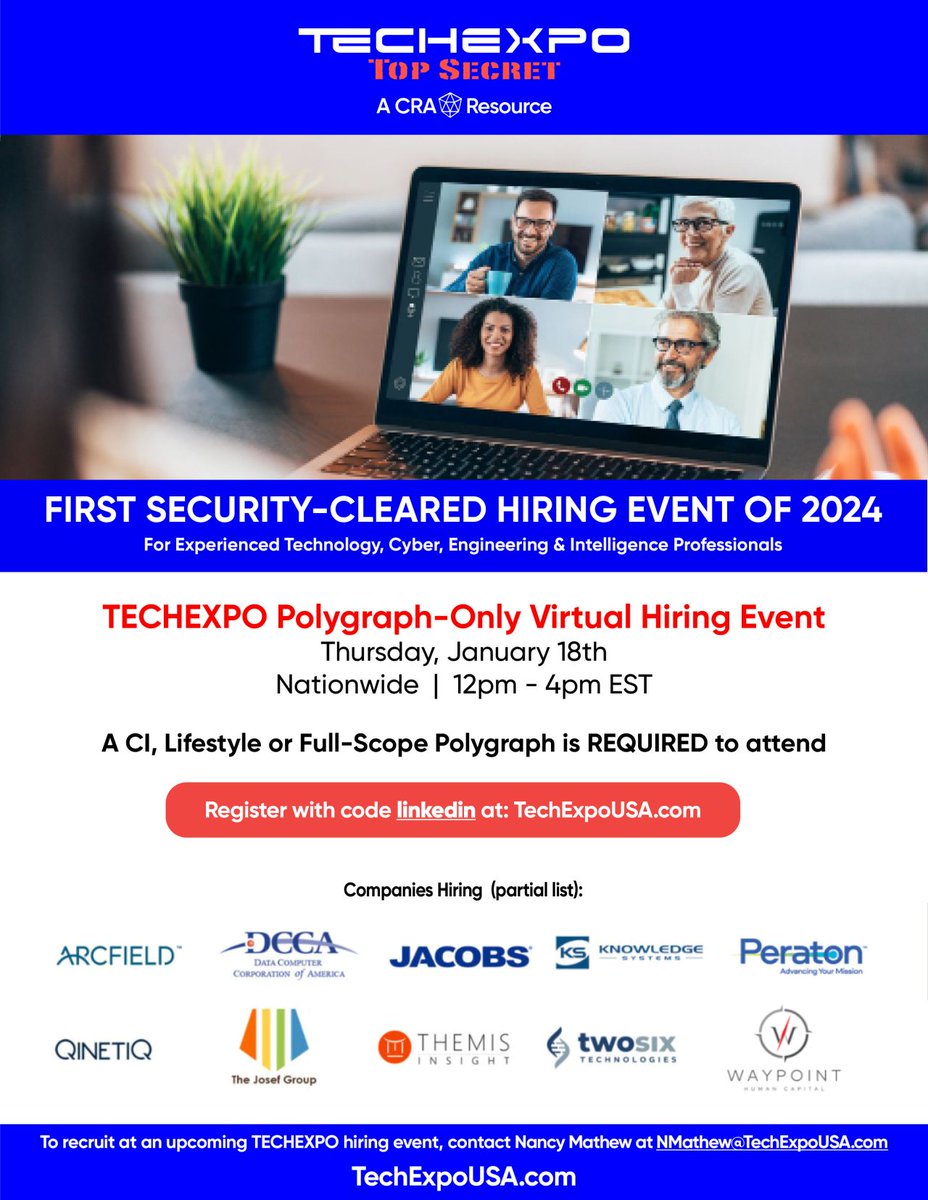 TechExpoJobFair's tweet image. ATTENTION Polygraph-Cleared Professionals: Don't miss your chance to interview with top companies such as Jacobs, Peraton, Arcfield, & more for hundreds of hot jobs at the TECHEXPO Nationwide Virtual Hiring Event THIS THURSDAY, Jan. 18. Details: bit.ly/48ze6iN