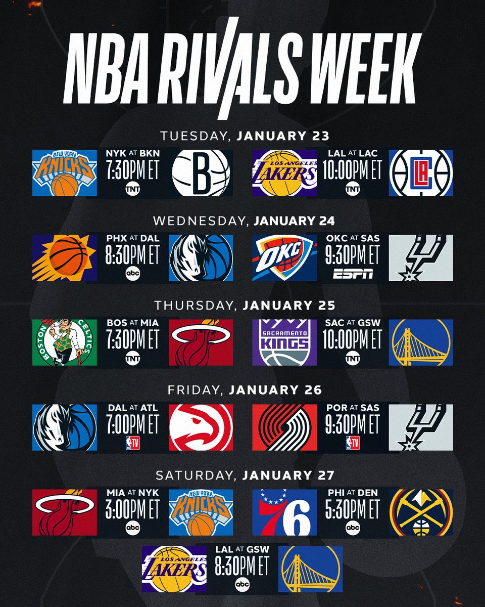 NBA's tweet photo. One week away from #NBARivalsWeek tipping off!

Classic and budding rivalries will take center stage from Tuesday 1/23 through Saturday 1/27.

Watch all the action on ABC, ESPN, TNT and NBA TV https://t.co/6LEfDIzFxI