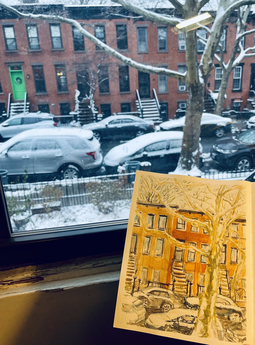 marioshima's tweet photo. It stopped snowing❄️🎨初雪で3cm程積もりました。 #つらら庵実物スケッチ #nycurbansketchers #brooklyncolotpalette #winsorandnewtonwatercolors #holbeinwatercolors #Strathmorepaper #firstsnow2024 https://t.co/LoMlfnTRnJ