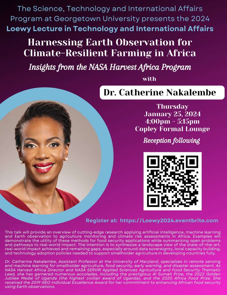 Please join STIA for our annual Loewy Lecture in Technology & Intl Affairs featuring @CLNakalembe's cutting-edge research applying AI, ML and Earth observation to agriculture monitoring and climate risk assessments in Africa. 1/25 at 4pm, RSVP here: Loewy2024.eventbrite.com