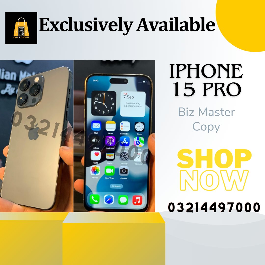 iPhone 15 PRO MAX Biz Master
✓ AAA+ Master Copy
✓ 128GB Variant
✓ Dual SIM
✓ Ctype charger
✓ Dynamic Iceland active
✓ Battery Health show
✓ IOS 16.0.2 Launcher
✓ No Hang, Lag
✓ Smooth Working
PRICE: RS. 46,500
Color Available:
∆ Gold
∆ Grey
Contact us: 0321 4497000