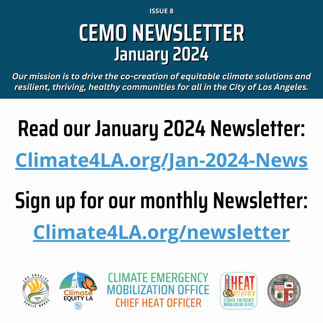 Start the new year by taking #ClimateAction! Our January 2024 CEMO newsletter is here to keep you informed about resources and opportunities to get involved: climate4la.org/Jan-2024-News

Sign up for our monthly newsletter: climate4la.org/newsletter

#ClimateEquityLA #HeatRelief4LA 🦋