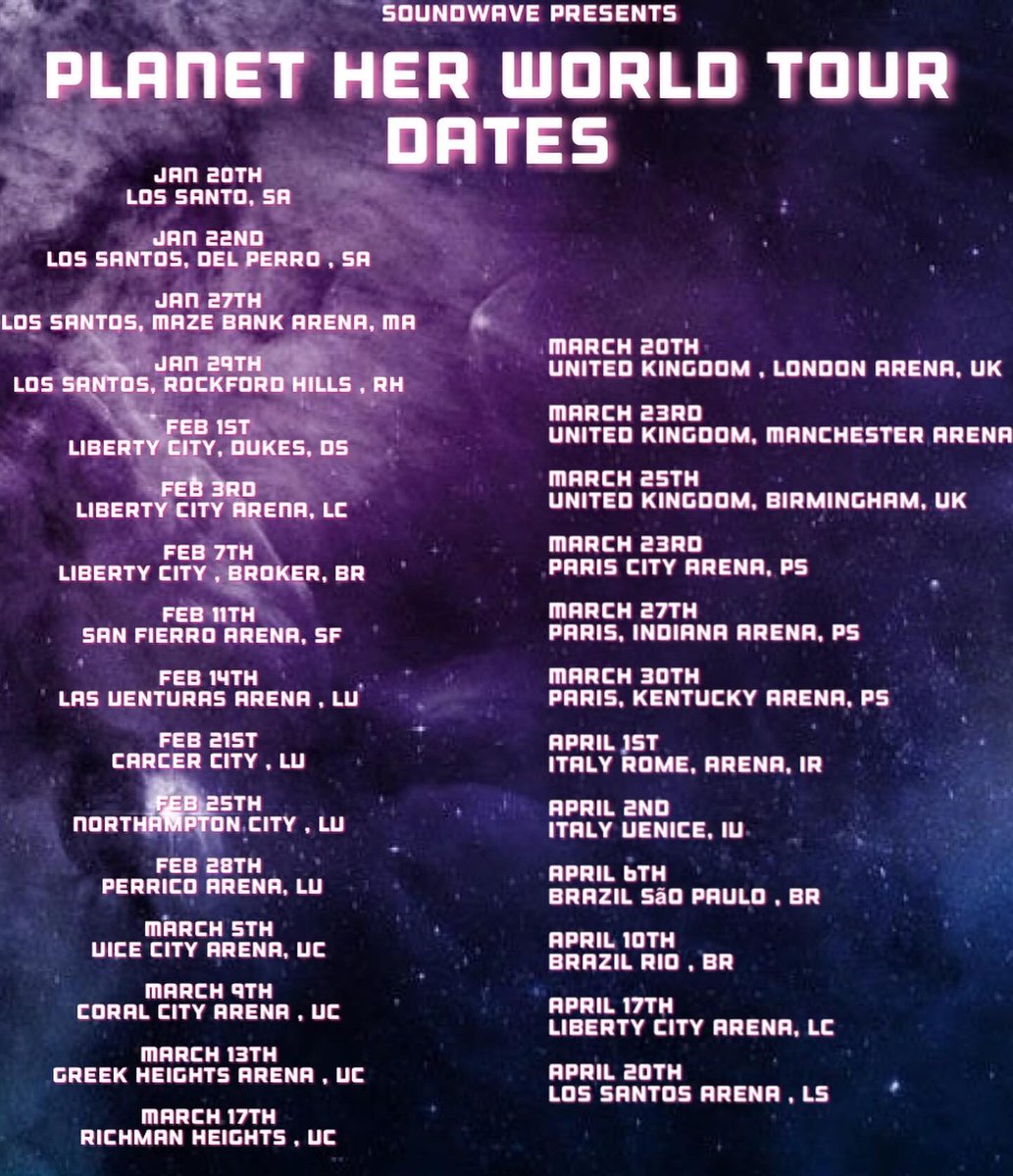 WORLD TOUR 
JAN 20th - APRIL 20th
<a href="/SOUNDWAVEGTA/">SNDWV</a>