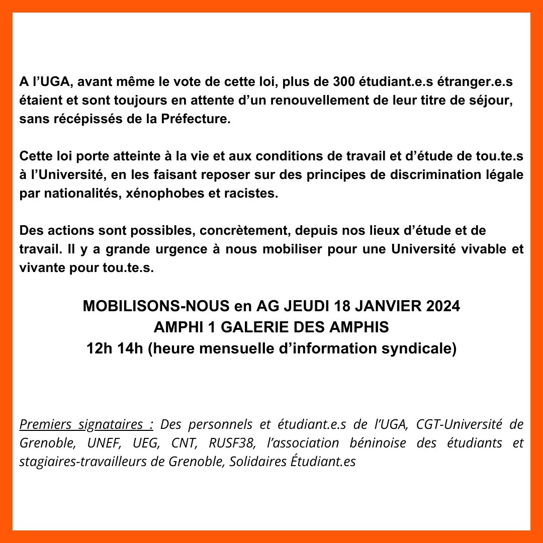 Contre une loi raciste qui discrimine les étudiant-es étranger-es, rendez-vous le 18 en AG à Stendhal ✊