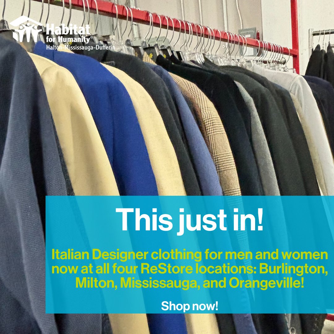 HabitatHMD's tweet photo. ⚡️💥 THIS JUST IN! ⚡️💥

NEW Italian Designer clothing for Men &amp; Women at ALL four ReStore locations!!

🎉🎊Shop now while selection lasts and remember > no tax at the Restore. 🎉🎊

Find a location near you: https://t.co/Fml1QIjCQS https://t.co/RABZi4HzSC