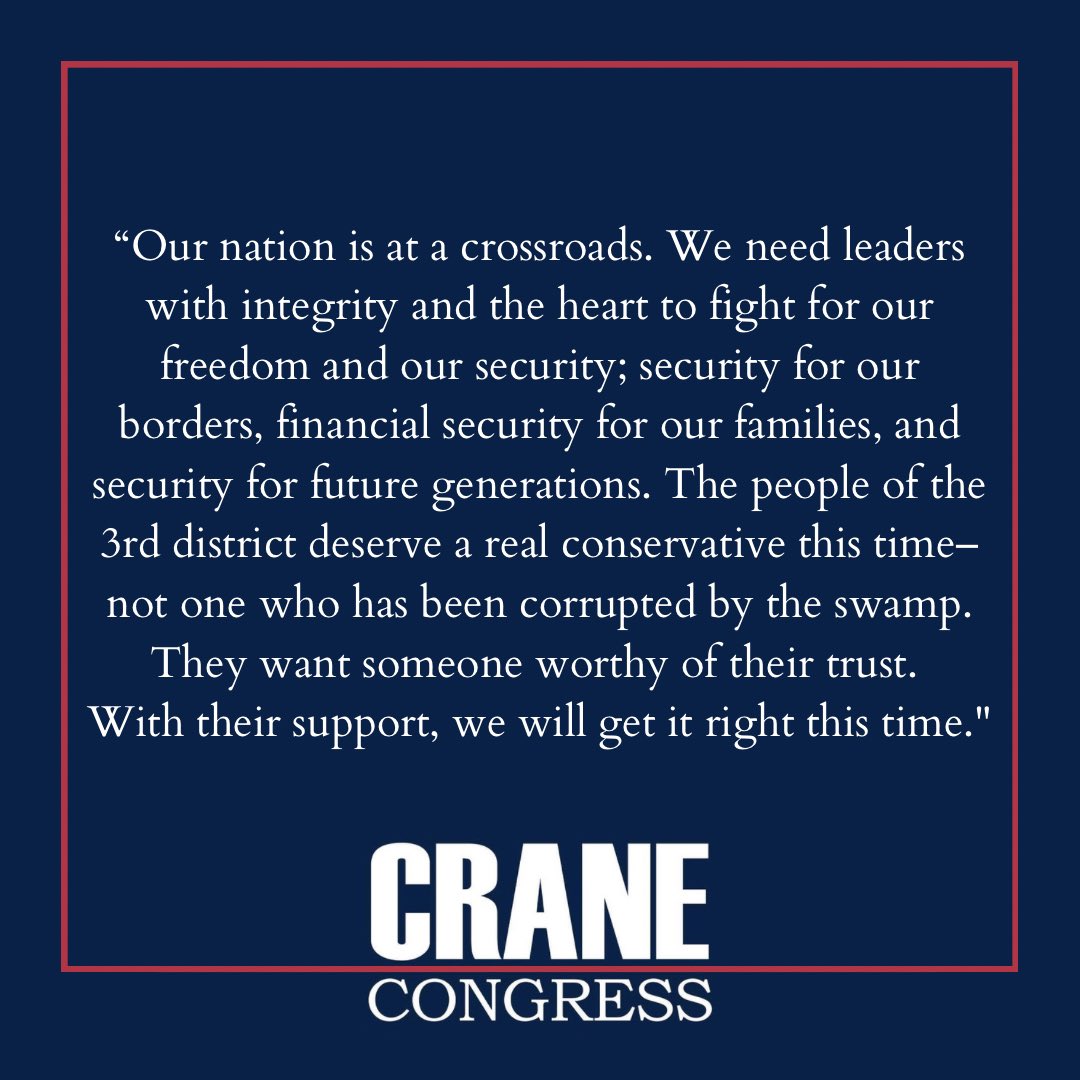 craneforamerica's tweet photo. I am running for Congress to restore integrity and security to our nation. 

Let’s get it right this time! 

https://t.co/3JS5SY0Mah https://t.co/DAjqRWaboE