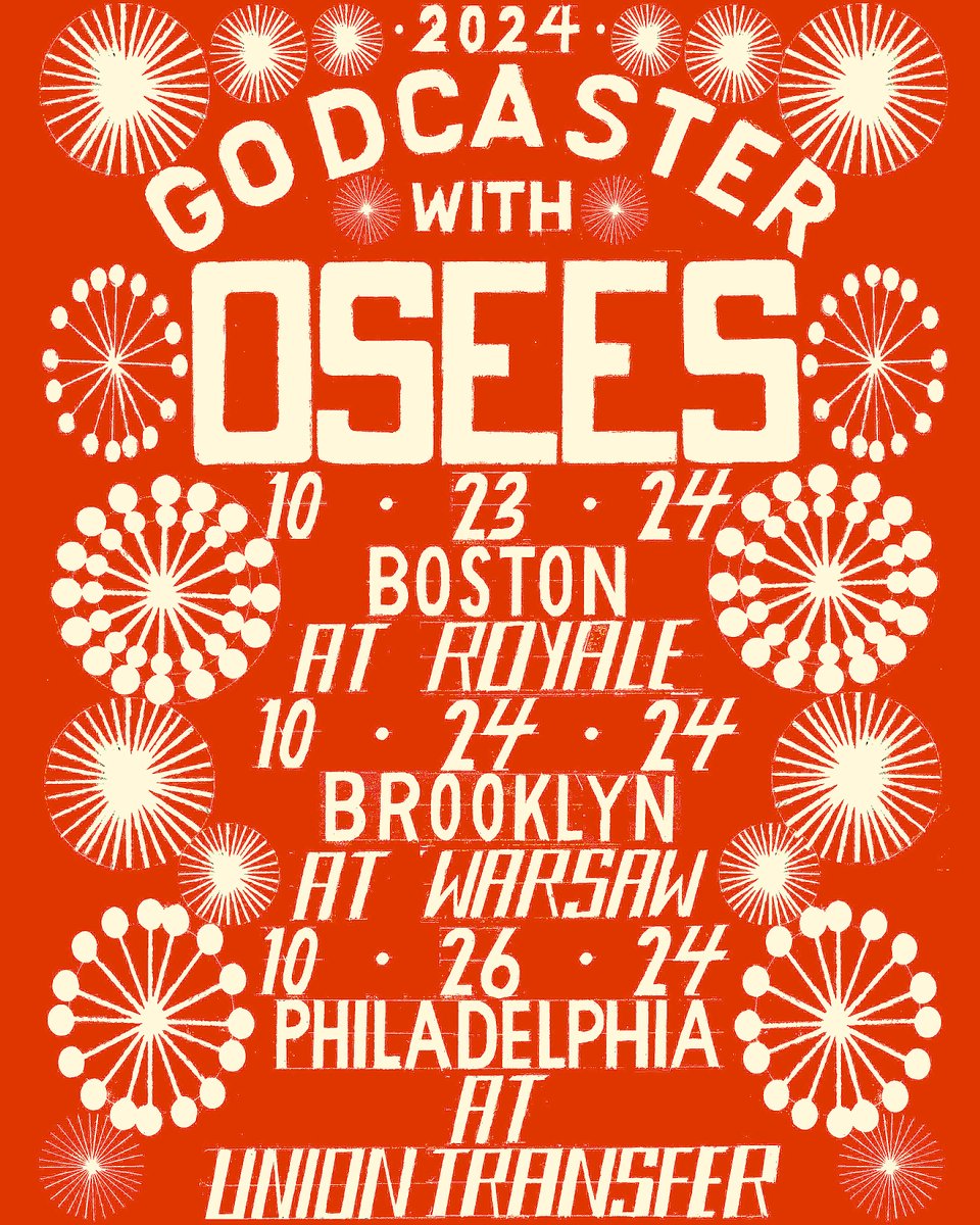 Godcaster (@godcasterband) on Twitter photo BIG G CAST WITH OSEES EAST COAST IN OCTOBER • TICKETS: godcasterband.com/tour
THANK YOU! <a href="/TheeOhSees/">Thee Oh Sees</a>
10•23•24 BOSTON MA - ROYALE
10•24•24 BROOKLYN NY - WARSAW
10•26•24 PHILADELPHIA - UNION TRANSFER BIG G CAST WITH OSEES EAST COAST IN OCTOBER • TICKETS: godcasterband.com/tour
THANK YOU! <a href="/TheeOhSees/">Thee Oh Sees</a>
10•23•24 BOSTON MA - ROYALE
10•24•24 BROOKLYN NY - WARSAW
10•26•24 PHILADELPHIA - UNION TRANSFER