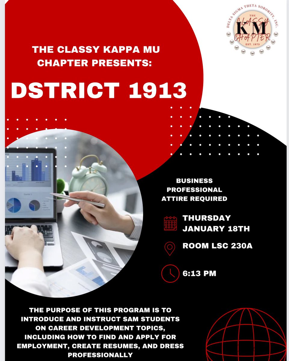 Welcome back Bearkats! We hope you all had an amazing Winter break. Join Kappa Mu this Thursday for our first program of the semester! Please dress in BUSINESS PROFESSIONAL attire. We are excited to see you all.❤️
#dst1913 #forwardwithfortitude
