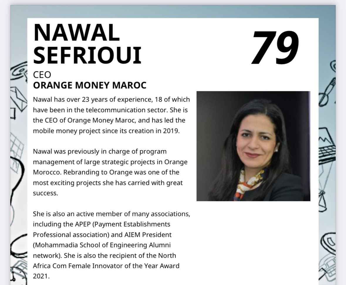 Gharmili Sefrioui Nawal (@gharmilina) on Twitter photo 🎉🎊 💫Thrilled to be featured among ‘’The top 100 Most Influential #African #Leaders in Technology & Telecommunications 2023’’ by Africa Tech Festival
Thanks <a href="/africatechfest/">Africa Tech Festival</a> for the recognition 🙏
#TechLeadership #Innovation #leadership #femaleleadership #orangemoney #orange 🎉🎊 💫Thrilled to be featured among ‘’The top 100 Most Influential #African #Leaders in Technology & Telecommunications 2023’’ by Africa Tech Festival
Thanks <a href="/africatechfest/">Africa Tech Festival</a> for the recognition 🙏
#TechLeadership #Innovation #leadership #femaleleadership #orangemoney #orange