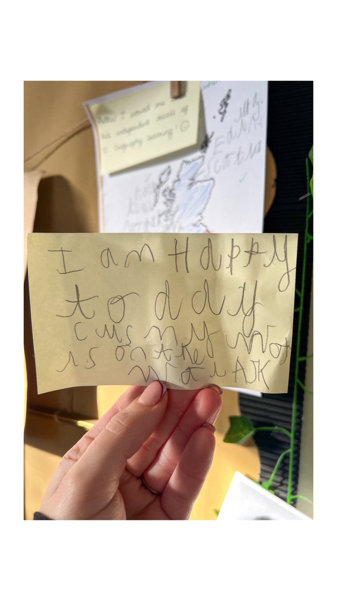 This made my heart happy! This morning everyone had a 'check in' at the calm corner. This child wrote 'I am happy today cause my work is on the wall.' after coming in and seeing his work on the 'Work We Are Proud Of' wall 🥹