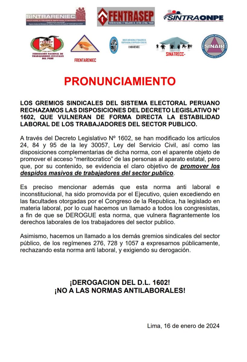 SINTRA_RENIEC's tweet photo. LOS GREMIOS SINDICALES DEL SISTEMA ELECTORAL PERUANORECHAZAMOS LAS DISPOSICIONES DEL DECRETO LEGISLATIVO N° 1602, QUE VULNERAN DE FORMA DIRECTA LA ESTABILIDAD LABORAL DE LOS TRABAJADORES DEL SECTOR PUBLICO.
@ReniecPeru @ONPE_oficial @presidenciaperu @pcmperu @SERVIR_PERU https://t.co/lCEBocXYbQ