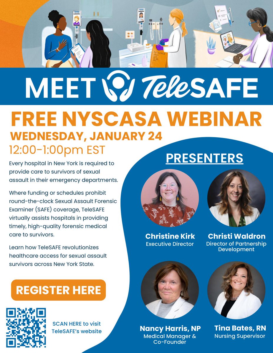 Join us on next Weds 1/24 for a webinar with TeleSAFE, which virtually provides high-quality forensic medical care to survivors. Presenters will be discussing healthcare access for sexual assault survivors in New York State. Register today: us02web.zoom.us/webinar/regist…