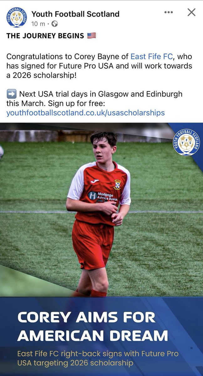 LevenmouthAc's tweet photo. 👏🏻RECOGNITION👏🏻⚽️

Our very own Corey Bayne has signed with ‘Future Pro USA’🤩

After a phenomenal year as a Young Ambassador, he joins Rhuaraidh Menzies (S6) in working towards an🇺🇸scholarship💪🏻⚽️

Congratulations Corey🥳

#BelieveToAchieve💜 #ICAN💜

@FifeActiveSch @E_F_C_F_C https://t.co/9Ts1MEhYaC
