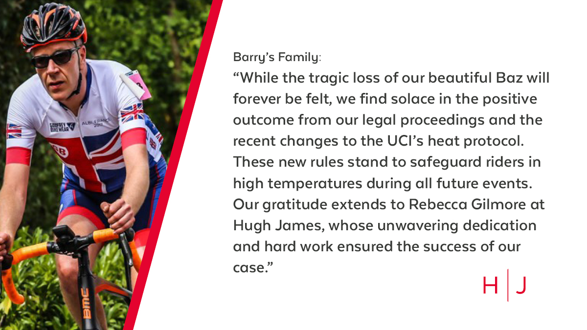 HughJamesLegal's tweet photo. The family of Barry Covington, an endurance cyclist who died from heat stroke &amp; dehydration following a bike race, has welcomed the outcome of legal proceedings and UCI's new protocol to protect riders in high temperatures.

https://t.co/YjA2xLosPe

#cycling #UCI #claim #Penge https://t.co/dm9KQwTJYy