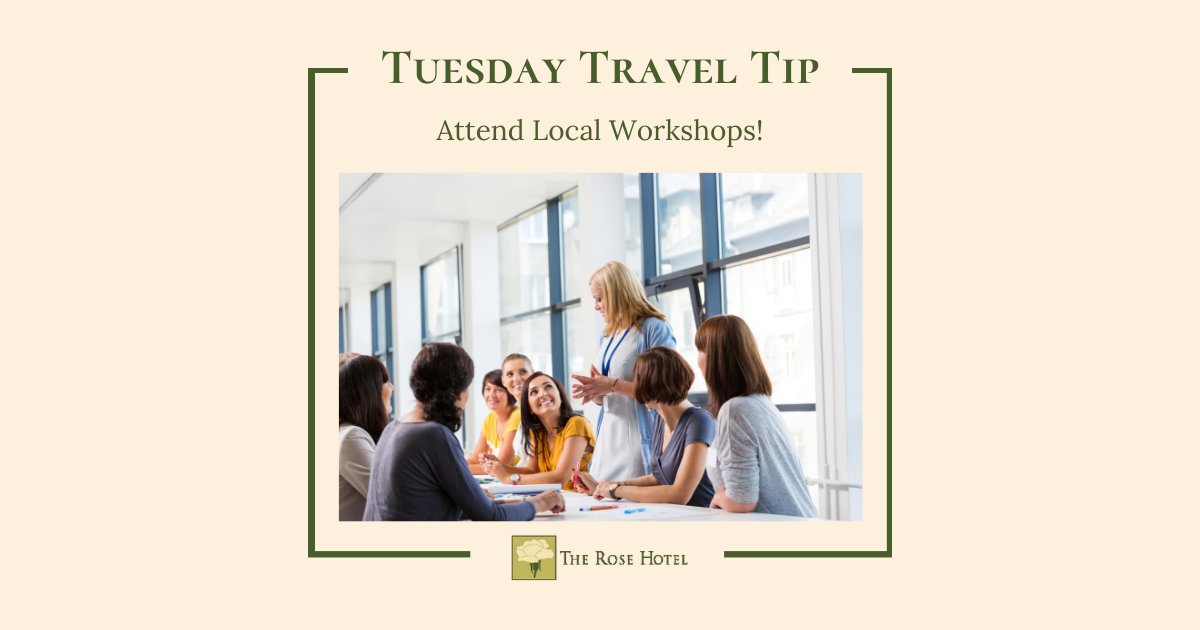 Unlock the essence of your destination by attending local workshops.

Immerse yourself in hands-on experiences in Pleasanton that add a unique touch to your journey. 🌍🔨 

#LocalWorkshops #AuthenticTravel #TuesdayTravelTip #TheRoseHotel