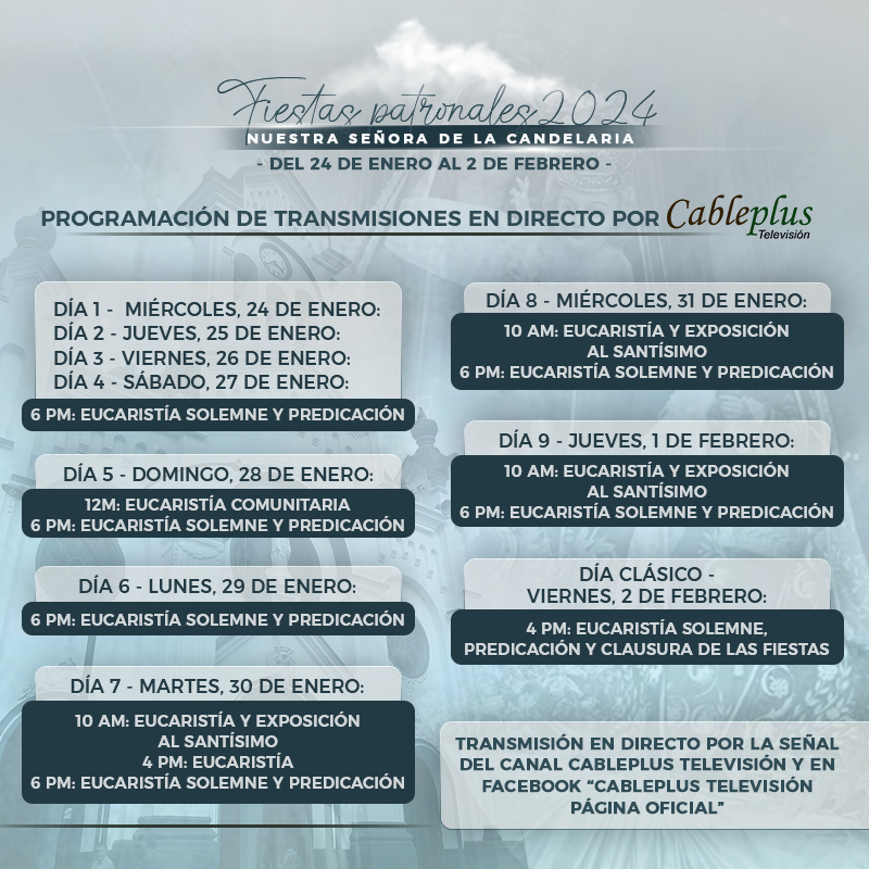 CableplusGuarne's tweet photo. Del 24 de enero al 2 de febrero, vea la transmisión en directo de las principales celebraciones que engalanan las Fiestas de Nuestra Señora de La Candelaria, patrona de los guarneños.📷Compartimos la programación de nuestras transmisiones. https://t.co/yBbBtEnPcN
