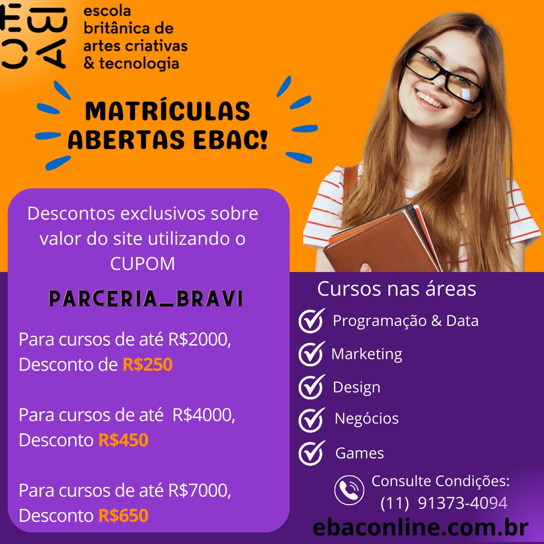 icab_org's tweet photo. Novo ano, novas oportunidades! 📣

A parceria EBAC e BRAVI continua e nossos associados têm descontos exclusivos!

Para mais informações e consultar condições, basta ligar para o telefone (11) 91373-4094 – falar com Cleide. https://t.co/xPPXvOjrun