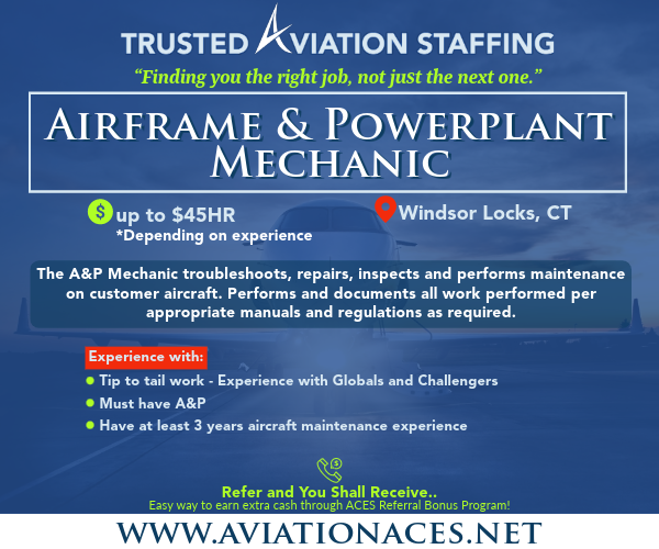 Fresh Job Opportunities for A&P Mechanics in Connecticut! Airframe & Powerplant Mechanic 📍 Windsor Locks, CT 💲 up to 45hr *depending on experience CONTACT US TODAY👇 aviationaces.net/job-openings Call: 817.402.0405 or Email: recruiting@aviationaces.net #aviationjobs #nowhiring