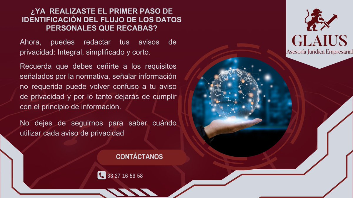 Seguimos compartiendo información sobre el aviso de privacidad. Próximamente estaremos dando un obsequio de protección de datos para tu organización. Síguenos. #GlaiusTips #LegalTips