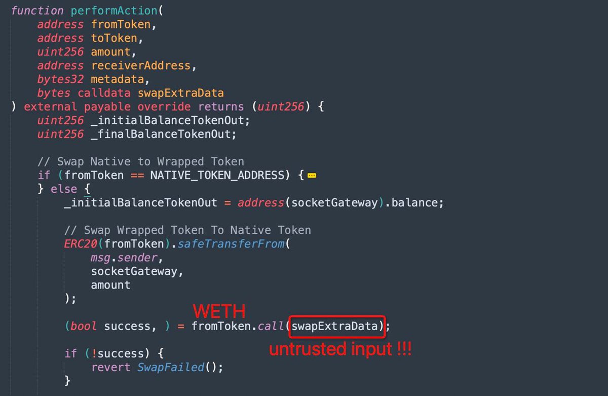 peckshield's tweet photo. Today's hack on  @SocketDotTech results in the loss of >$3.3m. 

The bad route exploited in the hack was added 3 days ago and is now disabled.  Here are related txs: 
- add route tx: https://t.co/NMCwaMD9PC
- disable route tx:
https://t.co/igevpNoKCJ

The hack is due to incomplete validation of user input, which is exploited to steal funds from users who have approved the vulnerable SocketGateway contract at https://t.co/8PnDC5rp9t