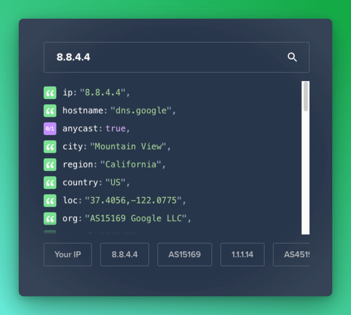 Screenshot of a modal showing location data based on specified IP address