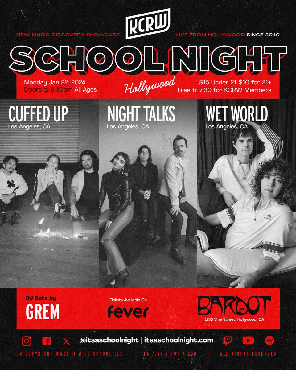 School Night (@itsaschoolnight) on Twitter photo LA, Monday, January 22nd you’re in for a treat! Please welcome to the School Night stage @Cuffedupmusic, <a href="/_NightTalks_/">Night Talks</a>, and Wet World. Plus DJ sets by Grem. Secure your tix here: feverup.com/m/150071 LA, Monday, January 22nd you’re in for a treat! Please welcome to the School Night stage @Cuffedupmusic, <a href="/_NightTalks_/">Night Talks</a>, and Wet World. Plus DJ sets by Grem. Secure your tix here: feverup.com/m/150071