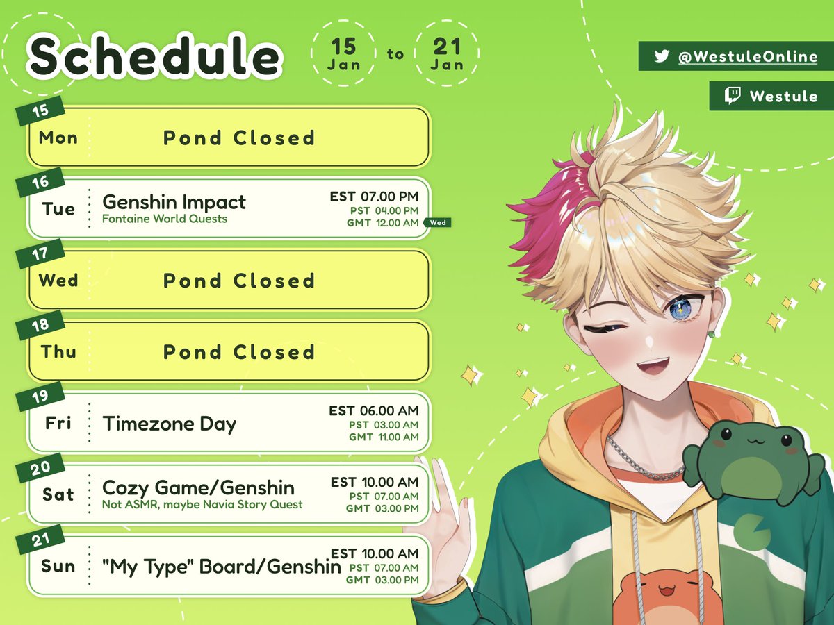 🐸NEW SCHEDULE 🐸
Finally back with a full schedule! Trying out some new things, including outing myself on my preferences for fictional characters 🫢