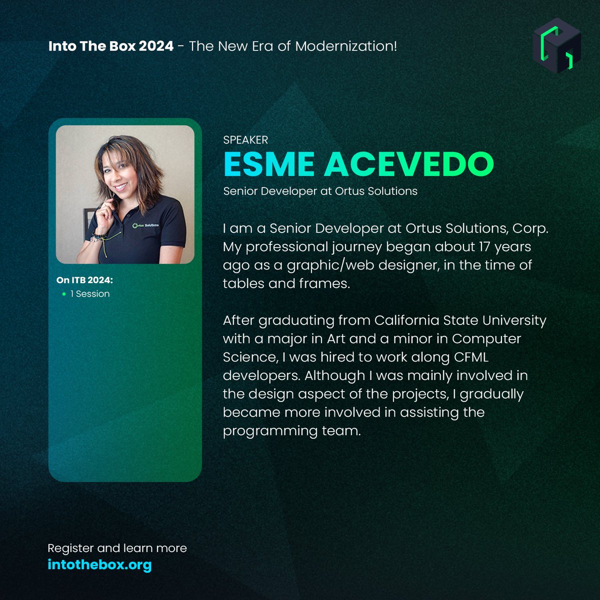 GoIntoTheBox's tweet photo. Excited to introduce Esmeralda Acevedo, our Senior Developer at Ortus Solutions! Expert in #CFML, MySQL, JavaScript, CSS, Bootstrap, #Coldfusion, #Coldbox, #ContentBox

Nature lover, coding problem-solver. Learn more at https://t.co/Fa5oBpPPTS https://t.co/UNLGgOCuYJ