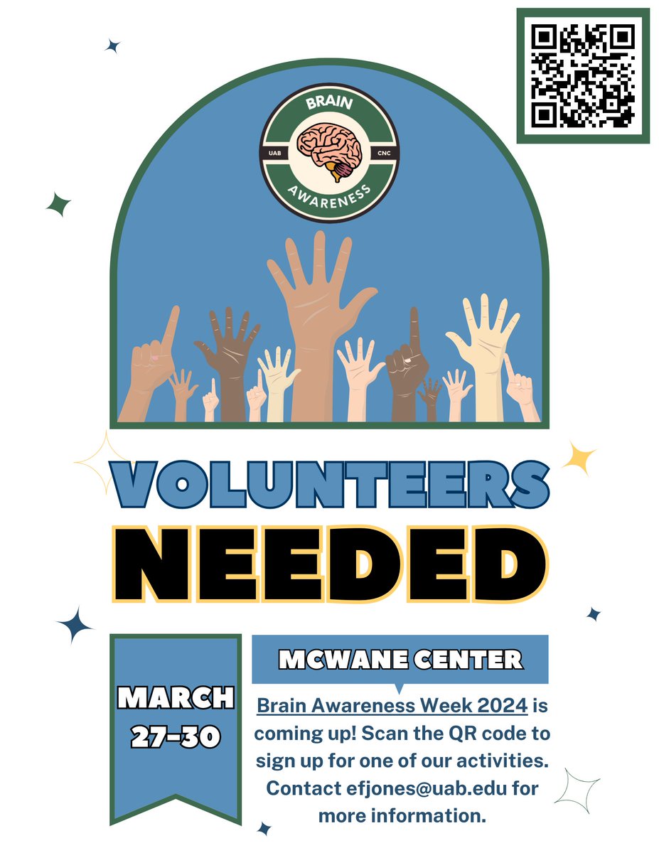 UAB_GBSO's tweet photo. Volunteers needed for Brain Awareness Week! Use the QR code or contact @emmajonesneuro https://t.co/wG1rF83Or7